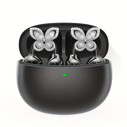 Clip On Wireless Earbuds Open Ear Bluetooth Headphones with Detachable Gemstone Earrings ANC Noise Reduction HD Stereo Hands-Free for Sports Exercise Work Study Outdoors