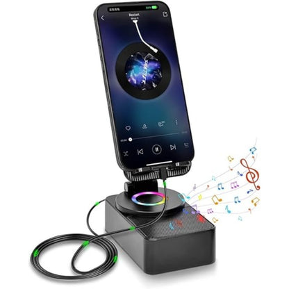 Induction Wireless Speaker Phone Holder Stand 3-in-1 – Foldable Tabletop Mount with Stereo Bass Amplifier, High-Capacity Emergency Battery, Compatible with iPhone & Android Tablets and Smartphones