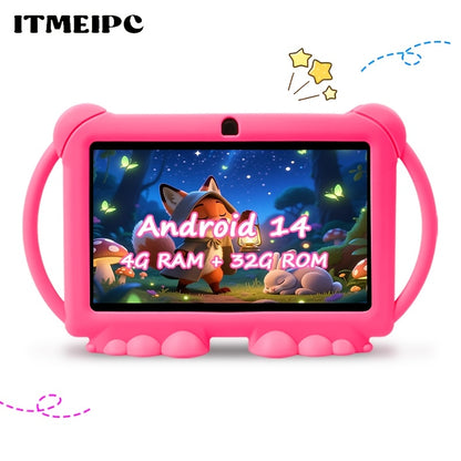 Kids Tablet 7 Inch Android 14, Shockproof Protective Case 4GB RAM 32GB ROM, Parental Mode WiFi 6 Dual Camera, IPS HD Display Quad-Core Mali T820 USB OTG, Children Learning & Entertainment Tablet – Blue Pink