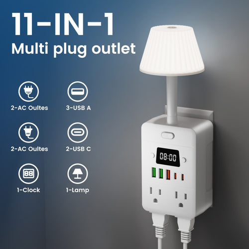 11-in-1 Multifunctional Power Strip with Desk Lamp & Digital Clock – 4 AC Outlets, 3 USB-A & 2 USB-C, Wall-Mountable Desktop Charging Station with Overload Protection for Home School Office