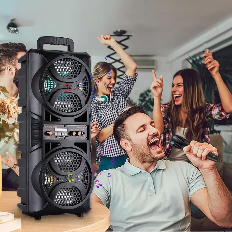 Portable PA Speaker with Dual Woofer & Disco LED Lights - Bluetooth Subwoofer, FM Radio, AUX USB Mic Guitar Input, Wired Microphone & Remote Control, 1800mAh Battery, Indoor Outdoor Party