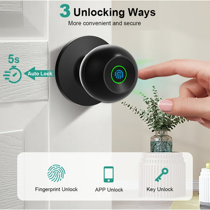 K10 Rechargeable Smart Door Knob with Fingerprint & App Control - 3-in-1 Keyless Entry, Entrance/Passage/Privacy Mode, Built-In Lithium Battery, No Battery Replacement, Matte Black & Brushed Nickel
