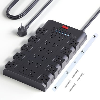 Gaming Room Surge Protector Power Strip 28-in-1 with 22 AC Outlets 6 USB Ports 24W 2100 Joules 1875W 15A Flat Plug Wall Mount Switch 5 7 13ft Extension Cord for Home Office Dorm Gaming Setup – Black