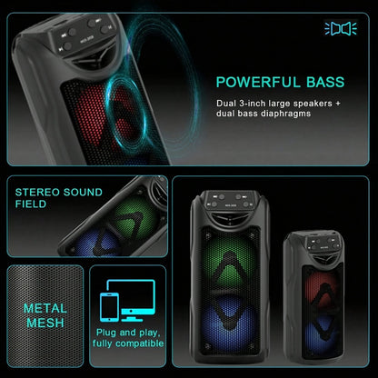 Dual Speaker Bluetooth Speaker with LED Ambient Lighting MOS-2058, Portable Wireless Stereo Sound System for Bedroom Living Room Party Outdoor Camping, Rechargeable Home Audio Speaker with Colorful Mood Lights