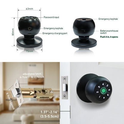 Matte Black Smart Door Knob Lock with Fingerprint & Keypad, App Control, Auto Lock, Keyless Entry Biometric Door Knob for Bedroom Home Office Interior Door, Easy DIY Install