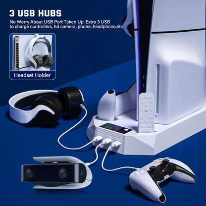 PS5 Cooling Station with Controller Charging Dock - Compatible with PS5 Slim Pro Standard Disc Digital, Dual Controller Charger Turbo Fan 3-Port USB Hub Headset Holder All-in-One PS5 Accessory