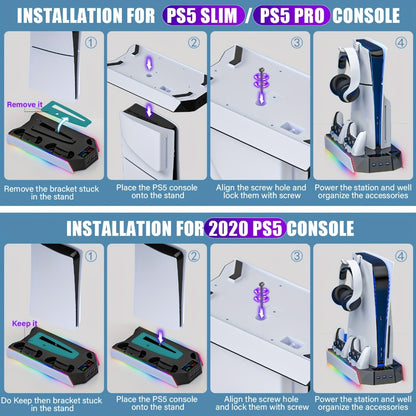 Headset Holder PS5 Cooling Stand with RGB Light, 3-Level Fan, Controller Charger & 3 USB Ports – Compatible with PS5 / PS5 Slim / PS5 Pro Disc & Digital Edition Console