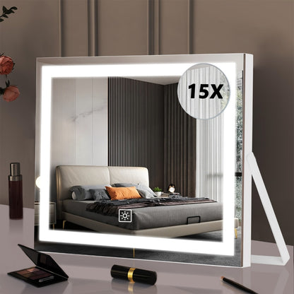 LED Vanity Mirror with Lights & 15X Magnifier – 3 Color Temperature Modes, Smart Touch Adjustable Brightness, 360° Rotation Makeup Mirror for Bedroom Bathroom Dressing Table, Gift for Women Girls