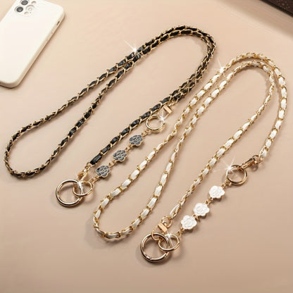 Crossbody Phone Strap Long Chain Pearl Camellia Metal Charm Elegant Lanyard for Women Girls – Clip-On Universal Fit iPhone Samsung Black White 2-5pcs Gift Set