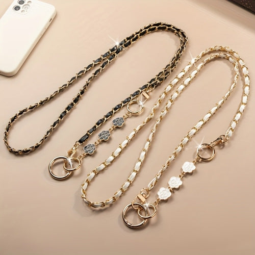 Crossbody Phone Strap Long Chain Pearl Camellia Metal Charm Elegant Lanyard for Women Girls – Clip-On Universal Fit iPhone Samsung Black White 2-5pcs Gift Set