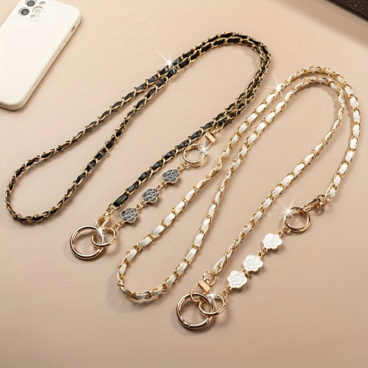 Crossbody Phone Strap Long Chain Pearl Camellia Metal Charm Elegant Lanyard for Women Girls – Clip-On Universal Fit iPhone Samsung Black White 2-5pcs Gift Set