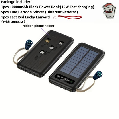 Solar Power Bank with Built-in 4 Cables LED Flashlight 15W Fast Charging Digital Display Dual USB USB-C Portable Charger 10000mAh 20000mAh 30000mAh for iPhone Android Camping Hiking