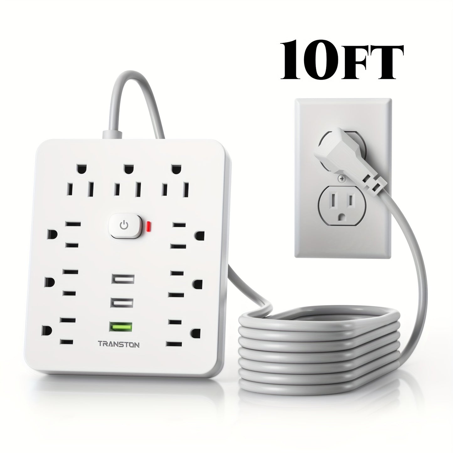 45° Tilt Plug Power Strip 12-in-1 Surge Protector with 9 AC Outlets & 3 USB Ports, 10ft Long Extension Cord, Advanced Overload Protection for Home, Office & High-Power Devices