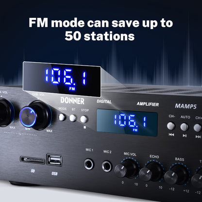 Donner 4-Channel Home Stereo Receiver Amplifier with USB SD FM Radio, Dual Mic Input Echo, RCA, LED Display for Home Sound System Karaoke Living Room