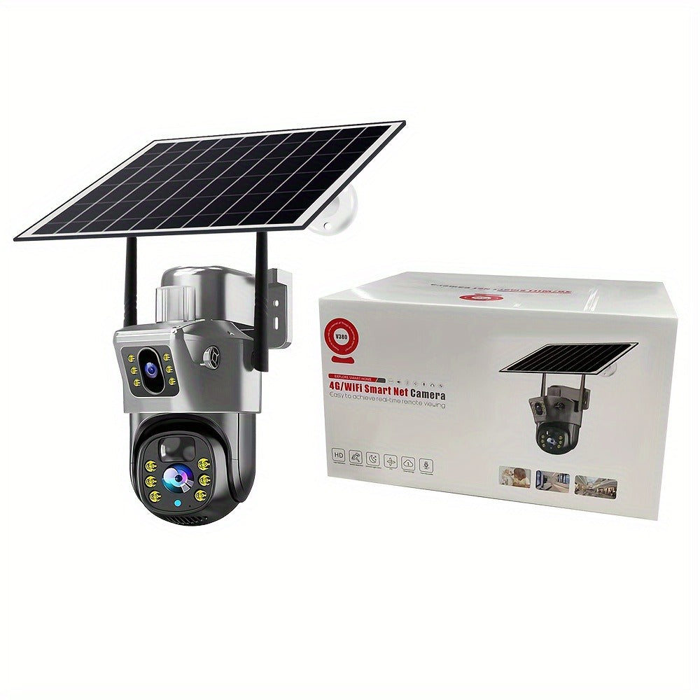 Solar Powered Wireless Security Camera Outdoor 360° PTZ WiFi Surveillance Cam Dual Lens Full Color Night Vision 4G Remote View No Dead Angle with TF Card & Cloud Storage