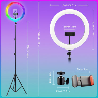RGB Ring Light 12 Inch Dimmable with 63 Inch Adjustable Tripod USB Powered Phone Stand Gimbal Clamp for Makeup Live Streaming Selfie Photography TikTok YouTube Portable