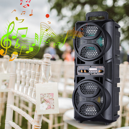 Portable PA Speaker with Dual Woofer & Disco LED Lights - Bluetooth Subwoofer, FM Radio, AUX USB Mic Guitar Input, Wired Microphone & Remote Control, 1800mAh Battery, Indoor Outdoor Party