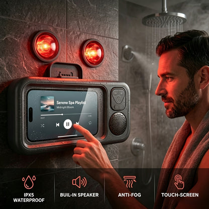 Shower Phone Holder with Bluetooth Speaker Built-In, 360-Degree Rotation Waterproof Mount, Universal Fit for All Phones, Hands-Free Music & Calls, Suction Cup Adheres to Any Surface – Bathroom Shower Caddy Accessory
