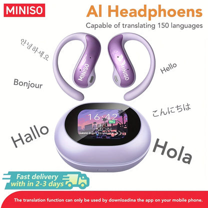 AI Translation Wireless Earbuds Real-Time 135 Languages Open-Ear Design Full-Color Touch Screen Gaming Headset Bluetooth for Travel Business Study iOS Android