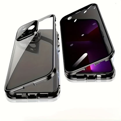 Clear Back Privacy iPhone Case with Metal Frame & Magnetic Double-Sided Tempered Glass – Anti-Peep Anti-Spy Transparent Cover for iPhone 12 13 14 15 16 Pro Max Plus, Wireless Charging Compatible