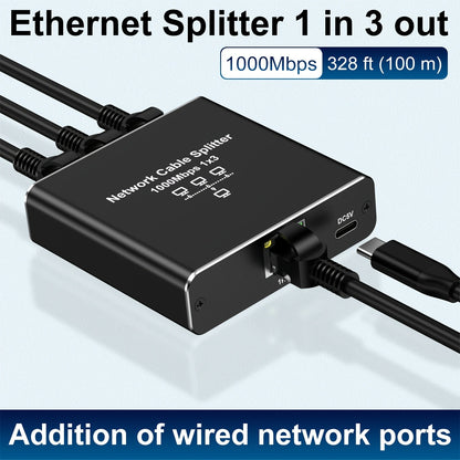 Gigabit Ethernet Splitter 1 to 3 – 1000Mbps PoE Network Splitter, 1 In 3 Out RJ45 Adapter for PC, Laptop, Router, TV, Starlink | Cat5/5e/6/7/8 Compatible, USB Powered, No Config Needed