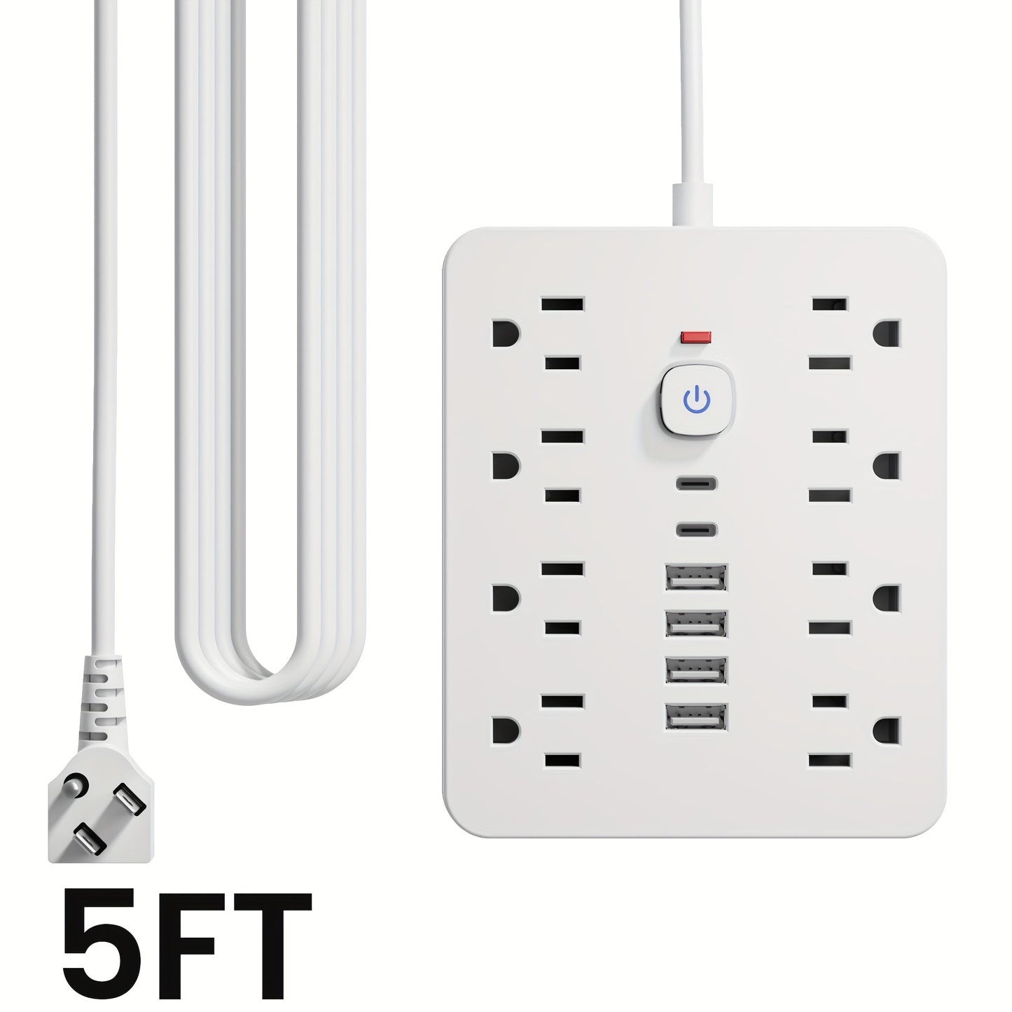 Flat Plug Wall Mount Power Strip 14-in-1 Surge Protector - 8 AC Outlets, 4 USB-A & 2 USB-C Ports, 5ft/10ft Extension Cord, Overload Protection, Desktop Charging for Home Office