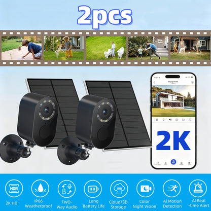 2K Solar Security Camera Outdoor Waterproof with Human Figure Alarm, Color Night Vision, 2-Way Audio, Low-Power WiFi Monitoring – Indoor Outdoor Pet Baby Surveillance Camera, 2.4G Wi-Fi